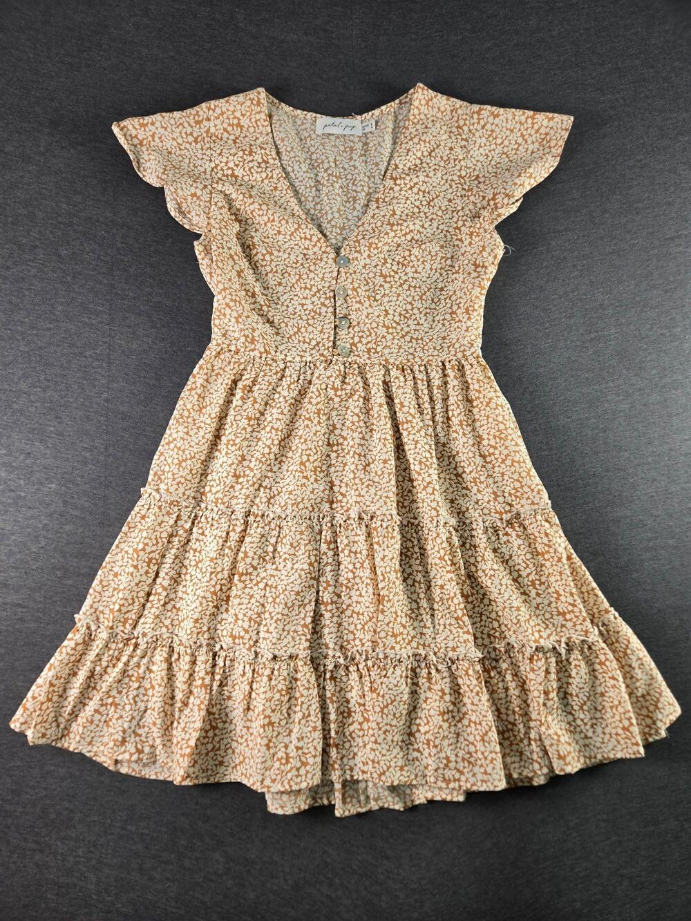 Petal + Pup Dress Womens 4 Beige Floral Ruffle Tiered V Neck Mini Sundress